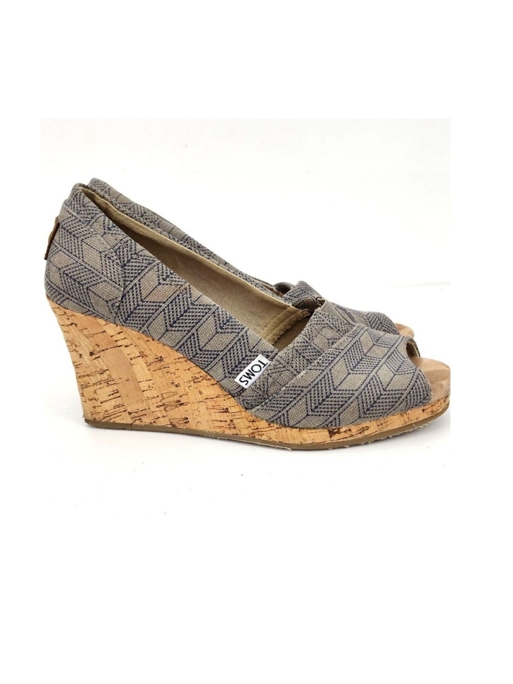 Toms canvas herringbone mules 9.5 wedge sandals neutral peep toe casual gray